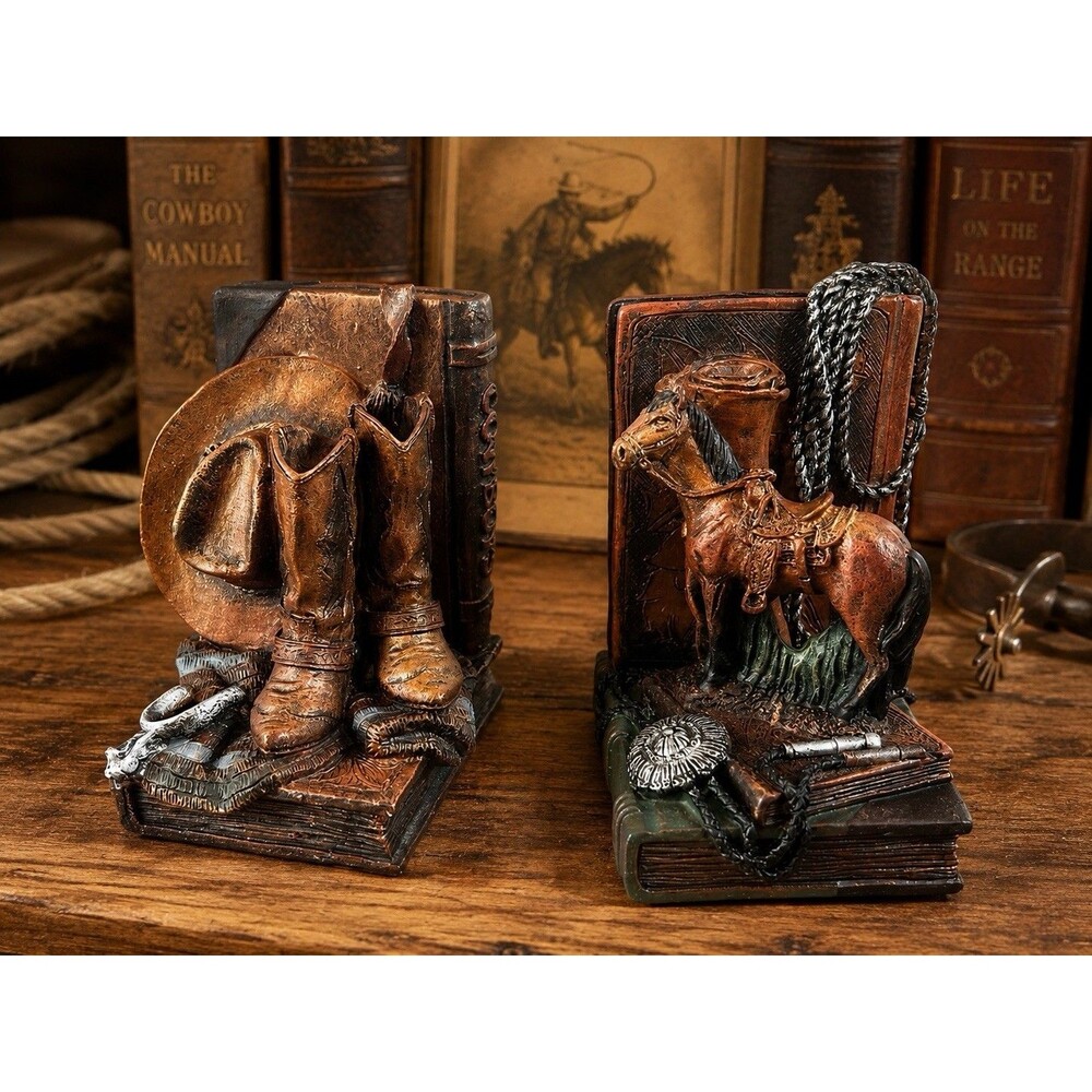 FIGI Western Cowboy Horse Bookends Resin Bronze Look Rustic Ranch Decor Pair 98